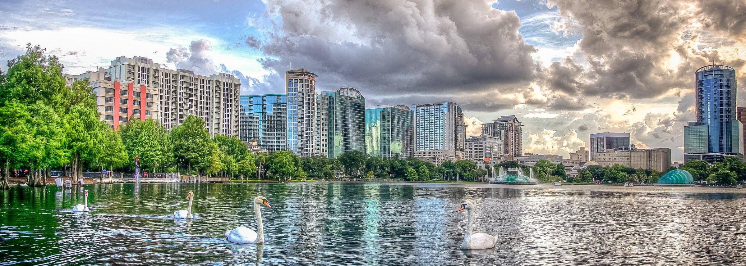 Orlando Florida Skyline & Fountain From Across Lake Eola~Continental  Postcard