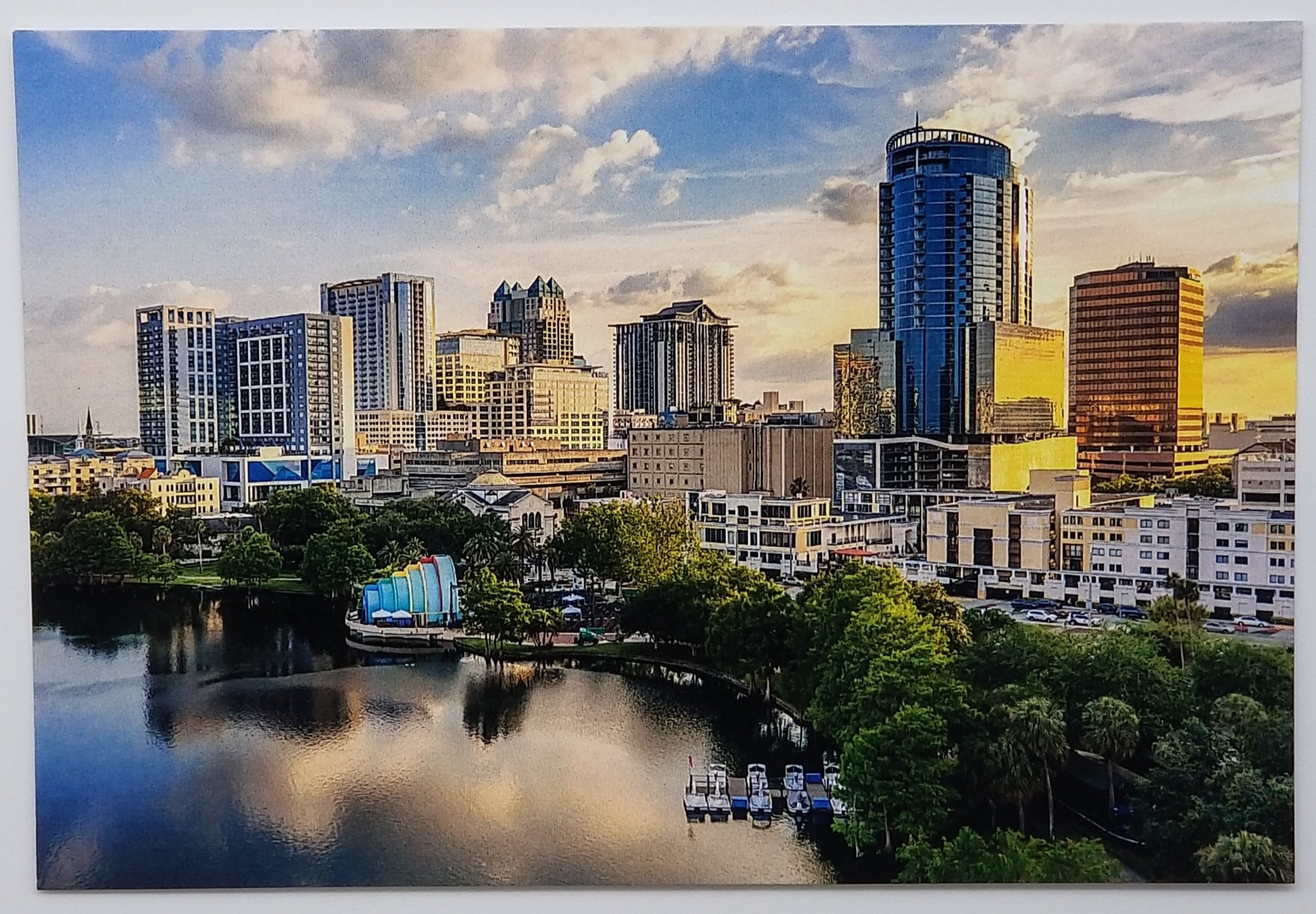 Orlando Florida Skyline & Fountain From Across Lake Eola~Continental  Postcard